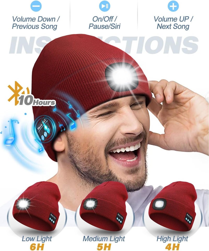 MOXTOYU Bluetooth Beanie with Light, USB Rechargeable LED Headlamp Winter Hat, Christmas Stocking Stuffers Gifts for Men Women - Image 3